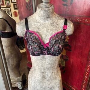 Romantic Black and Pink Lace Bra with Molded Cups